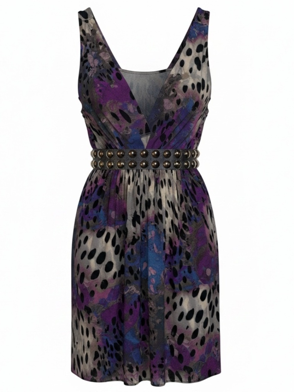 Sky Purple Animal Print Deep V-Neck Studded Empire Waist Mini Dress